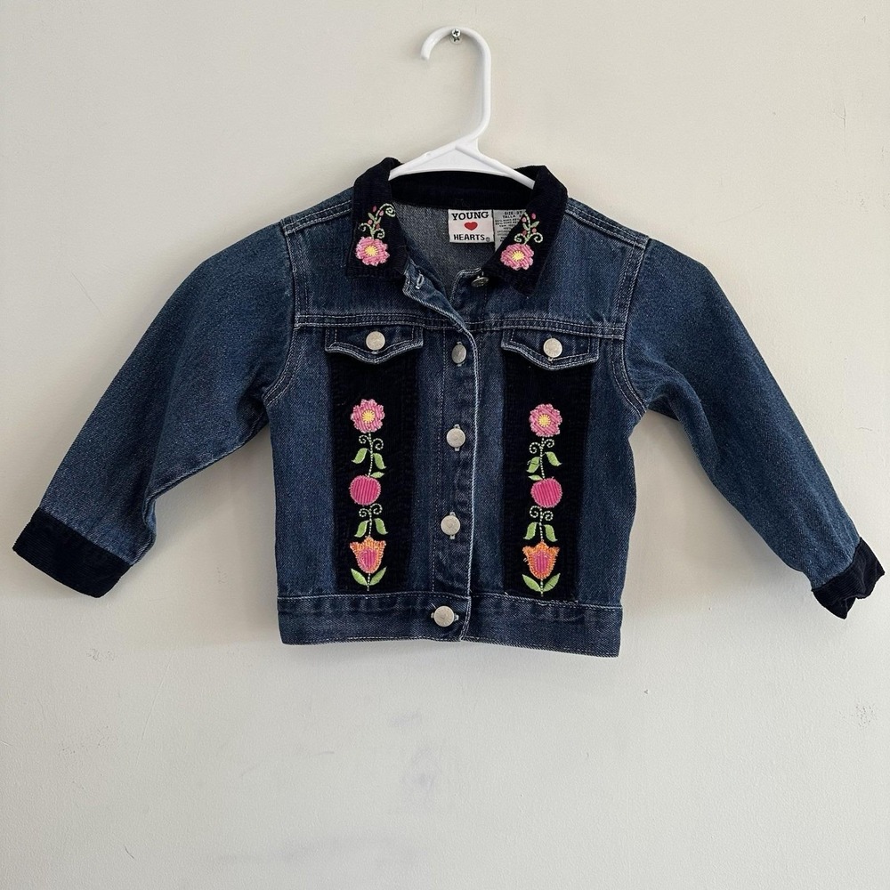 VTG‎ Y2K Toddler Girls 3T Denim Jean Jacket Dark Wash Embroidered Flowers Tulip